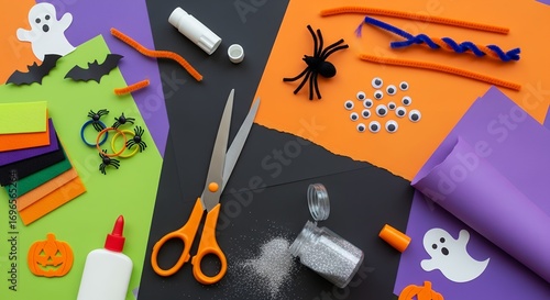Overhead shot of colorful Halloween craft supplies like paper, googly eyes, and pipe cleaners, concept for seasonal decorations, kids activities and holiday projects