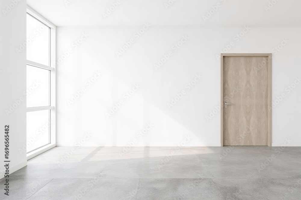 Fototapeta premium Vacant workspace featuring a spotless window and entrance. Modern interior setting with emphasis on brightness and spaciousness.