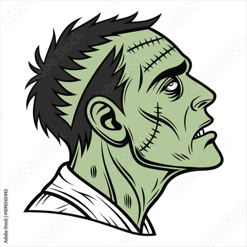 Cartoon Illustration of Frankenstein Monster Profile with Green Skin and Stitches