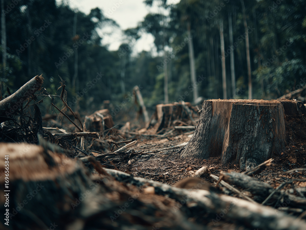 Obraz premium Deforested forest area with tree stumps and fallen logs showing environmental impact and nature loss