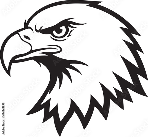 Detailed black and white vector illustration of an eagle head in profile view