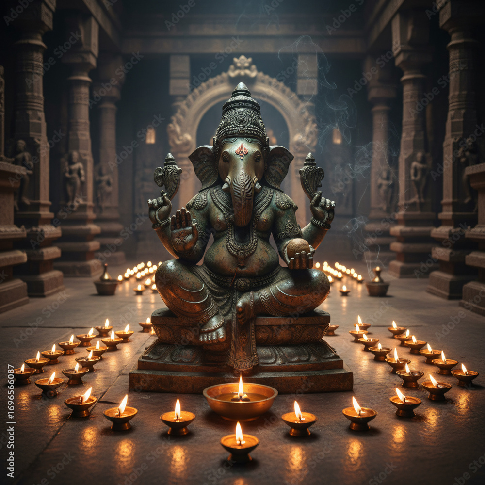 Fototapeta premium Bronze Ganesha idol with antique patina, traditional South Indian style, surrounded by oil lamps, sacred temple interior
