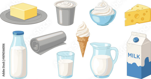 Dairy Products and Packaging Vector Illustration Featuring Milk, Butter, Cheese, Yogurt, Ice Cream, and Whipped Cream for Culinary Content