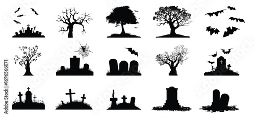 Spooky Halloween cemetery silhouettes with gnarled trees bats and tombstones creating a hauntingly beautiful scene for celebration
