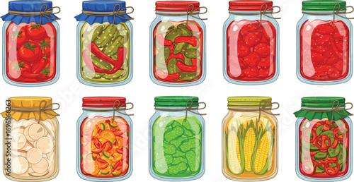 Colorful Pickled Vegetable Jars in a Grid Illustration Featuring Tomatoes, Peppers, Onions, Cucumbers, and Corn for Kitchen Decor and Recipes
