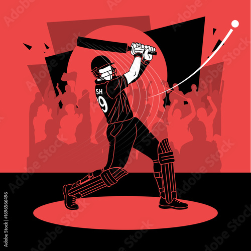 Cricket Batsman in Action: A dynamic illustration captures a cricket batsman in full swing, his focus unwavering as he connects with the ball. Evokes speed and intensity.