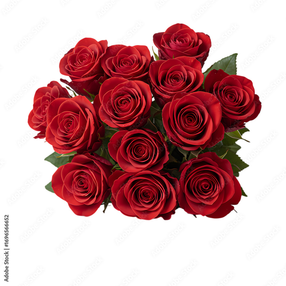 Obraz premium Vibrant Red Roses Bouquet Perfect for Valentines Day Anniversary or Romantic Occasion isolated on transparent background