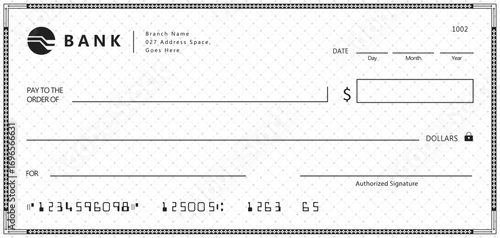 Bank check, vector blank money cheque, checkbook template with guilloche pattern and fields. Currency payment coupon, money check background