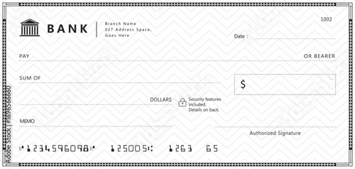 Bank check, vector blank money cheque, checkbook template with guilloche pattern and fields. Currency payment coupon, money check background