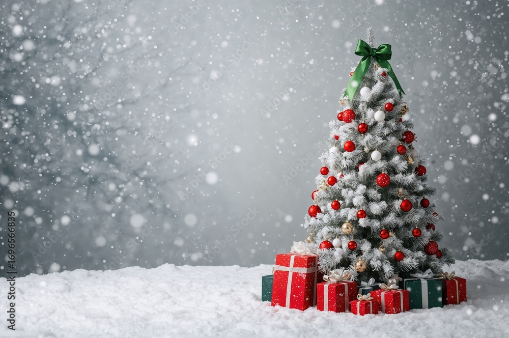Obraz premium In a serene snowy landscape, a white Christmas tree decorated with green ribbons and red baubles stands proudly, its branches laden with presents, creating a festive atmosphere