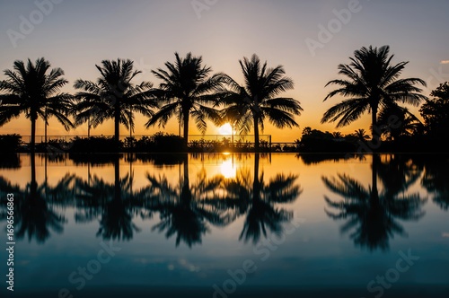 Sunset light casting palm tree shadows on a tranquil pool surface. Creative summer relaxation and outdoor adventure theme.