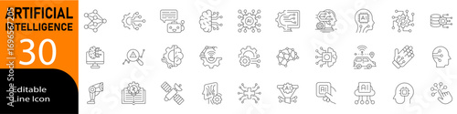 Artificial Intelligence editable icon set in line vector style with modern minimal design showing machine learning, robotics, automation, neural networks, data analysis and innovation concepts