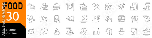 Food editable icon set in line vector style with modern minimal design showing meals, healthy eating, fruits, vegetables, fast food, snacks, drinks, nutrition, cooking and lifestyle concepts