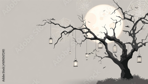 Spooky Halloween Night with Moon Lit Tree and Lanterns creating a Halloween Illustration