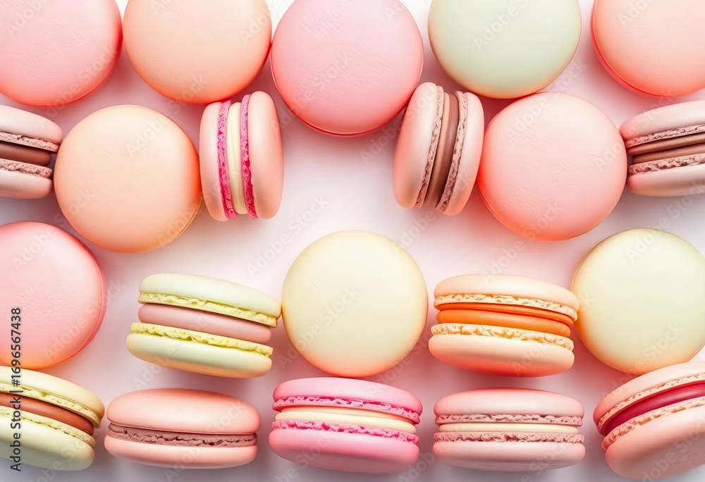 Obraz premium Pastel macarons arranged in a pleasing repeating pattern on a pristine white background, yellow, candy