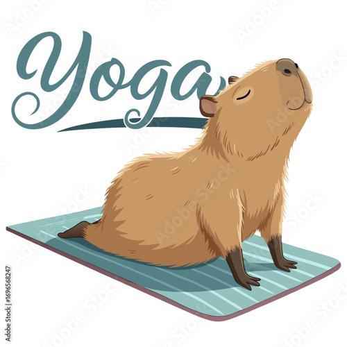 Cute capybara doing yoga on a mat
