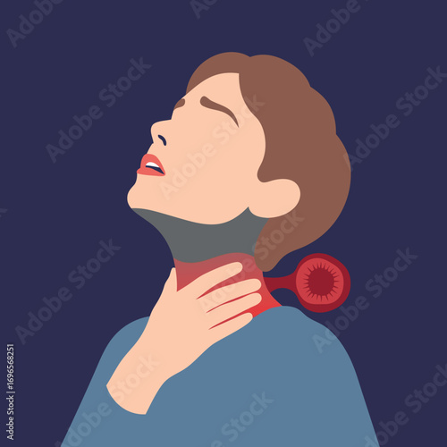 Medical Illustration of Woman Experiencing Throat Pain with Enlarged Tonsils and Inflammation