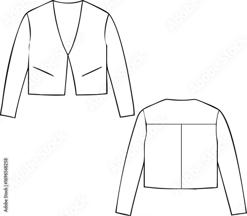 Two fashion sketches of cropped collarless jackets with transparent background silhouette