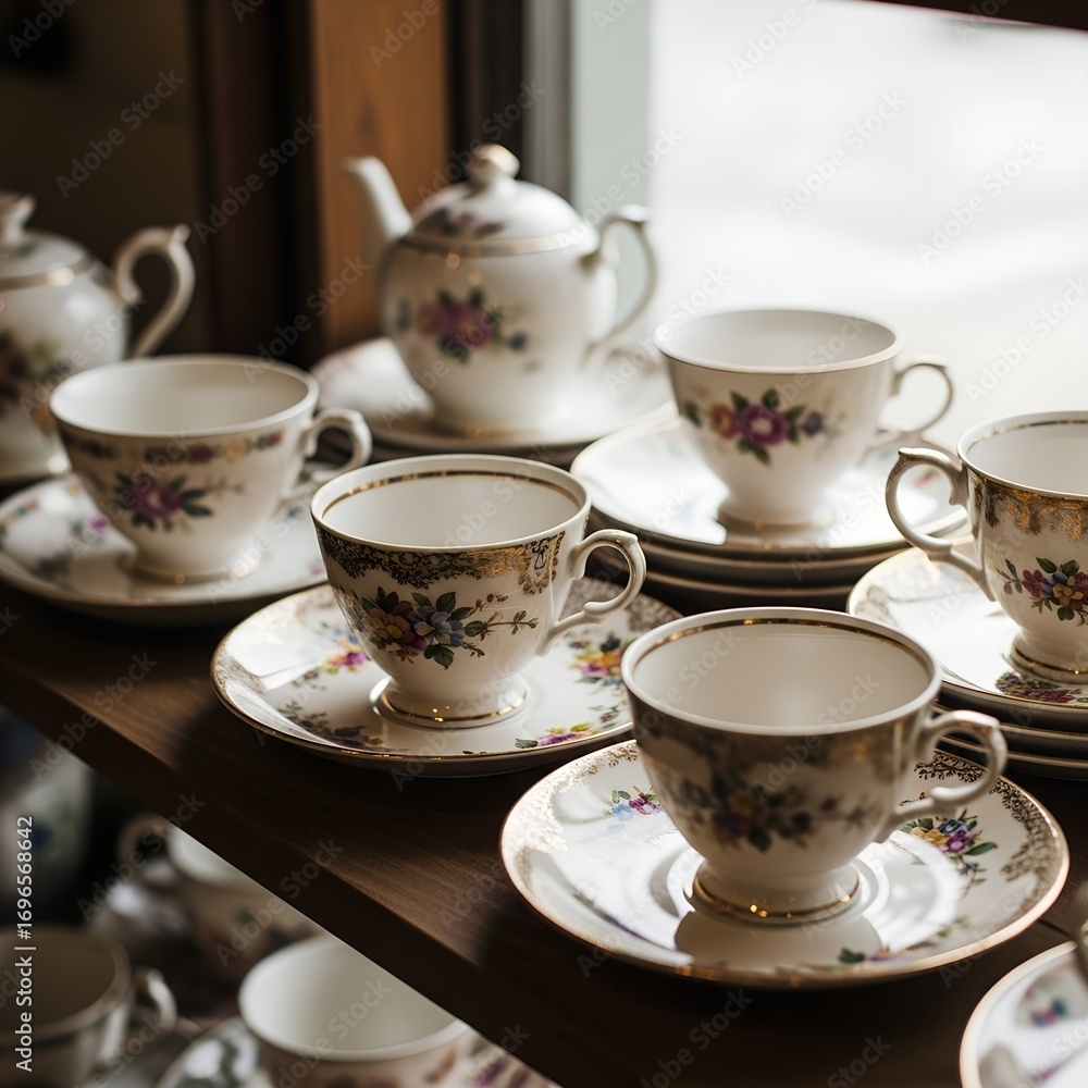 Fototapeta premium Elegant Antique Porcelain Tea Set Displayed on a Shelf.
