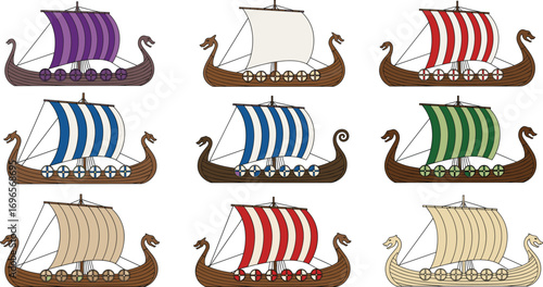 Set of Viking longships with colorful sails, dragon heads, and shields in grid layout for historical, nautical, and cultural themes