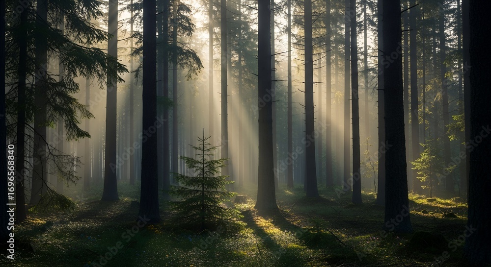 Fototapeta premium Serene forest landscape with beautiful sun rays filtering through trees.