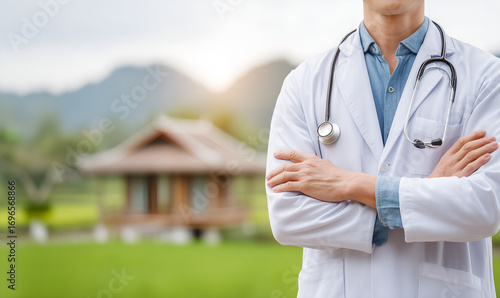 Confident Male Doctor With Stethoscope in Front of Rural Medical Clinic, Representing Healthcare Access and Medical Services in Remote Areas