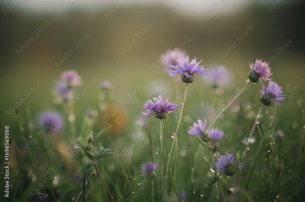 Fototapeta premium Early summer or spring morning with dew drops on wildflowers at dawn, soft blurred background, shallow depth of field.