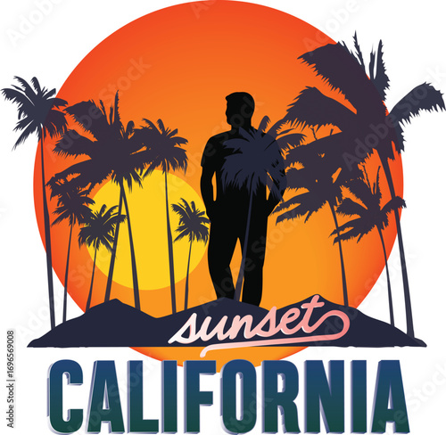 “Sunset California” A vibrant silhouette artwork capturing the essence of California evenings, with palm trees, golden sunsets, and coastal vibes.