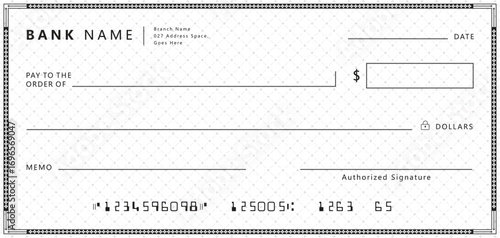 Blank bank cheque. Personal desk check template with empty field to fill.