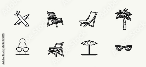 Summer vacation travel vector icons illustration with airplane deckchairs palm tree sun glasses parasol and sandcastle