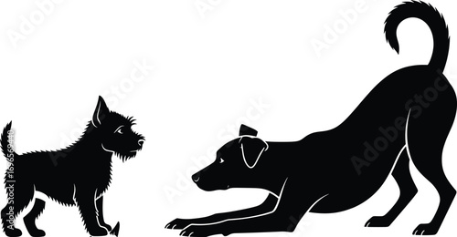 Silhouette of two playful dogs interacting, one bowing and one standing, showcasing dog communication, behavior, friendship, and pet playfulness.