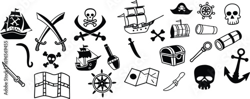 Pirate icons and symbols set featuring ships skulls and treasure maps vector