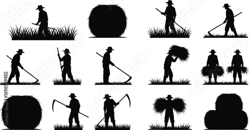 Silhouette Set of Farmers Harvesting Hay with Scythe and Carrying Hay Bales in Agriculture Field Vector Illustration