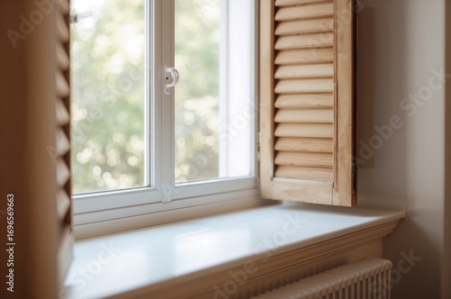 Indoor scene with a blank white windowsill and ornamental wooden shutter