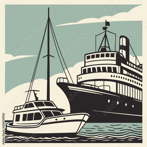 Ship and marine boat black silhouette set