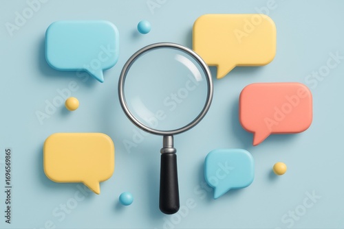 Magnifying glass surrounded by colorful speech bubbles on blue surface