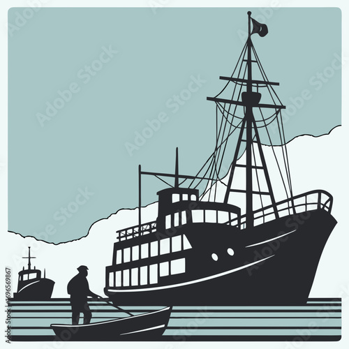Ship and marine boat black silhouette set