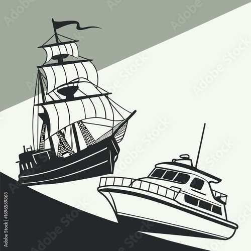 Ship and marine boat black silhouette set