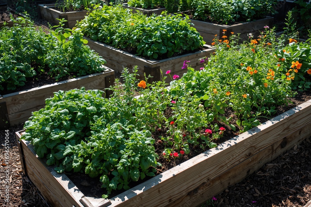 Obraz premium Several elevated garden boxes brimming with herbs, veggies, and blossoms basking in sunlight, highlighting eco-conscious horticulture in a neatly arranged outdoor environment for green living and