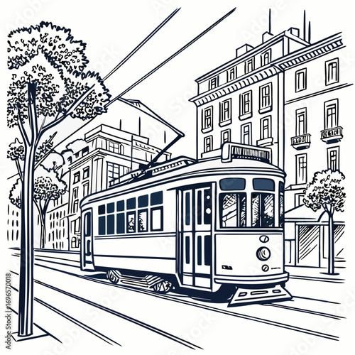 tram in the city line art vector