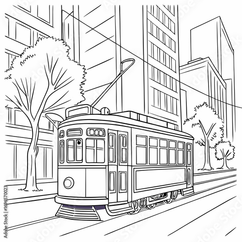 tram in the city line art vector