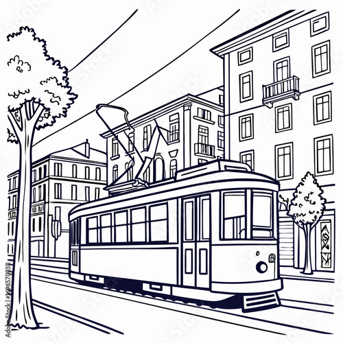 tram in the city line art vector