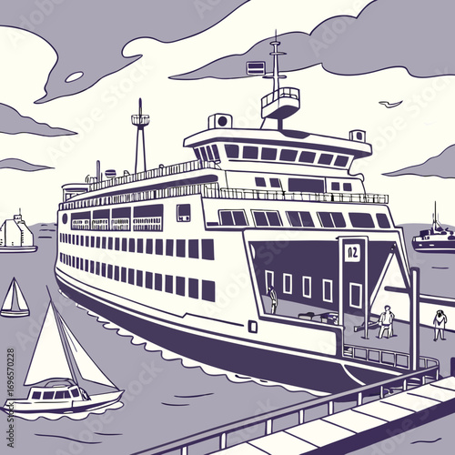 Sea train ferry boat. Big ship