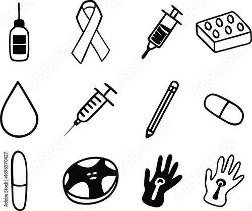 Diabetes awareness icons set syringe ribbon pills blood drop medical symbols vector