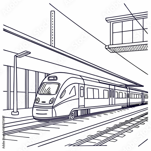Metro train vector illustration sketch. Fast modern express passenger train on high speed railway station
