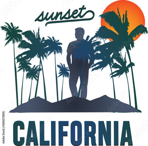 “Sunset California” A vibrant silhouette artwork capturing the essence of California evenings, with palm trees, golden sunsets, and coastal vibes.