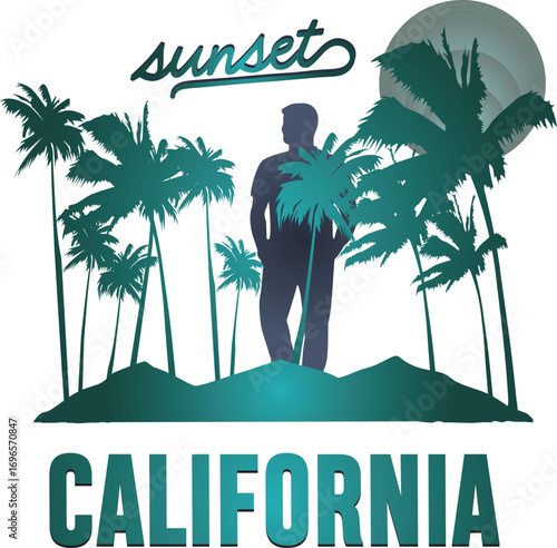 “Sunset California” A vibrant silhouette artwork capturing the essence of California evenings, with palm trees, golden sunsets, and coastal vibes.