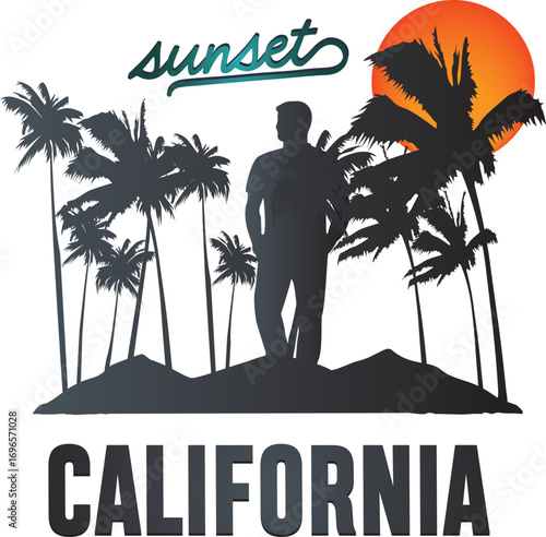 “Sunset California” A vibrant silhouette artwork capturing the essence of California evenings, with palm trees, golden sunsets, and coastal vibes.