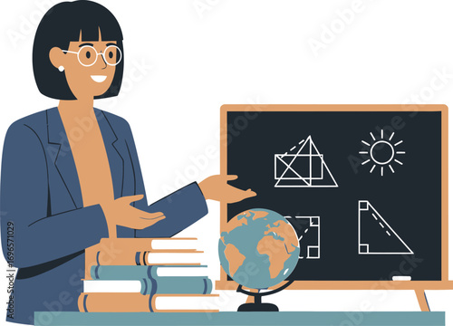 Illustrative Vector Graphic of a Female Teacher Explaining Math on a Chalkboard