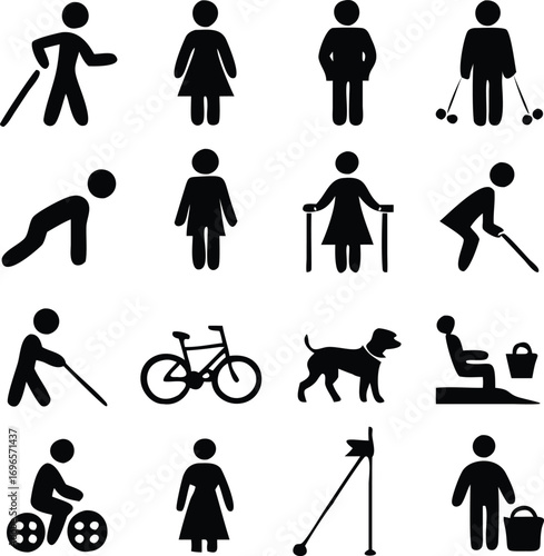 Disability awareness icons representing diverse lifestyles and mobility aids vector